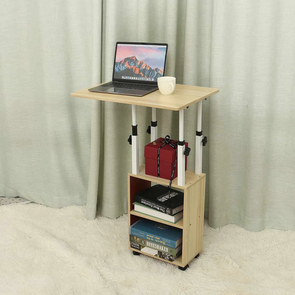 Modern Wooden Bedside Table with Wheels - Mobile Computer Desk