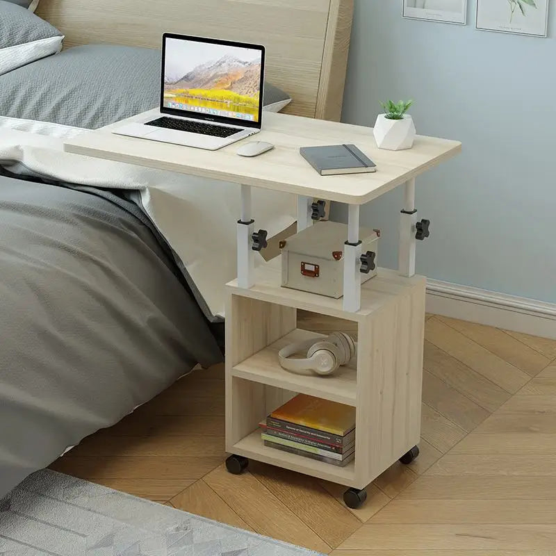 Modern Wooden Bedside Table with Wheels - Mobile Computer Desk