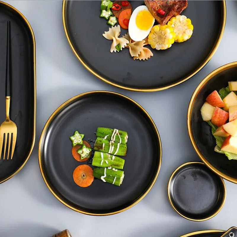 Gilt Rim Black Porcelain Dinner Set - Sophisticated Collection