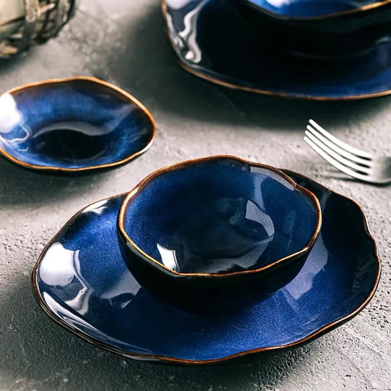 Blue Ceramic Irregular Shape Dinner Set - 18-Piece Collection