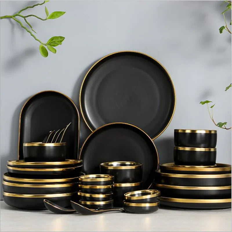 Gilt Rim Black Porcelain Dinner Set - Sophisticated Collection