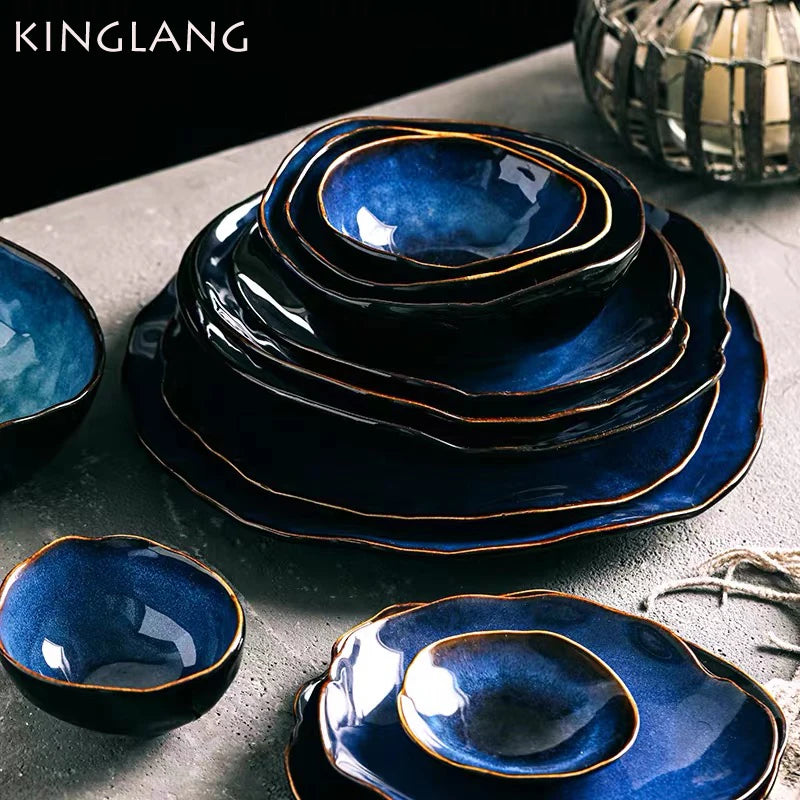 Blue Ceramic Irregular Shape Dinner Set - 18-Piece Collection