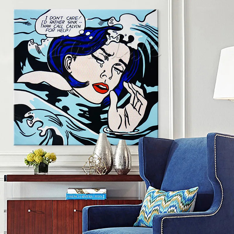 Drowning Girl Pop Art Wall Decor - Hand-Painted Oil Canvas