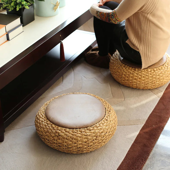 Modern Straw Round Pouf Ottoman