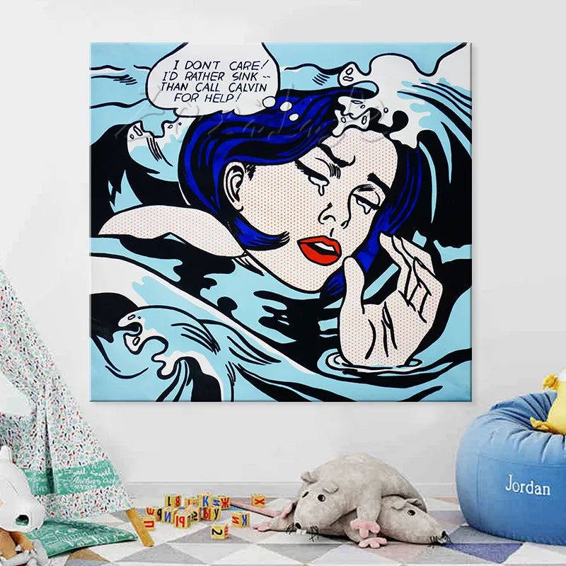 Drowning Girl Pop Art Wall Decor - Hand-Painted Oil Canvas