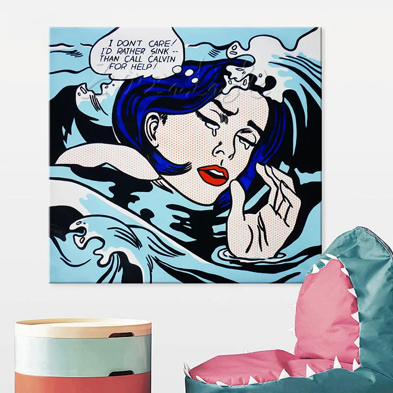 Drowning Girl Pop Art Wall Decor - Hand-Painted Oil Canvas