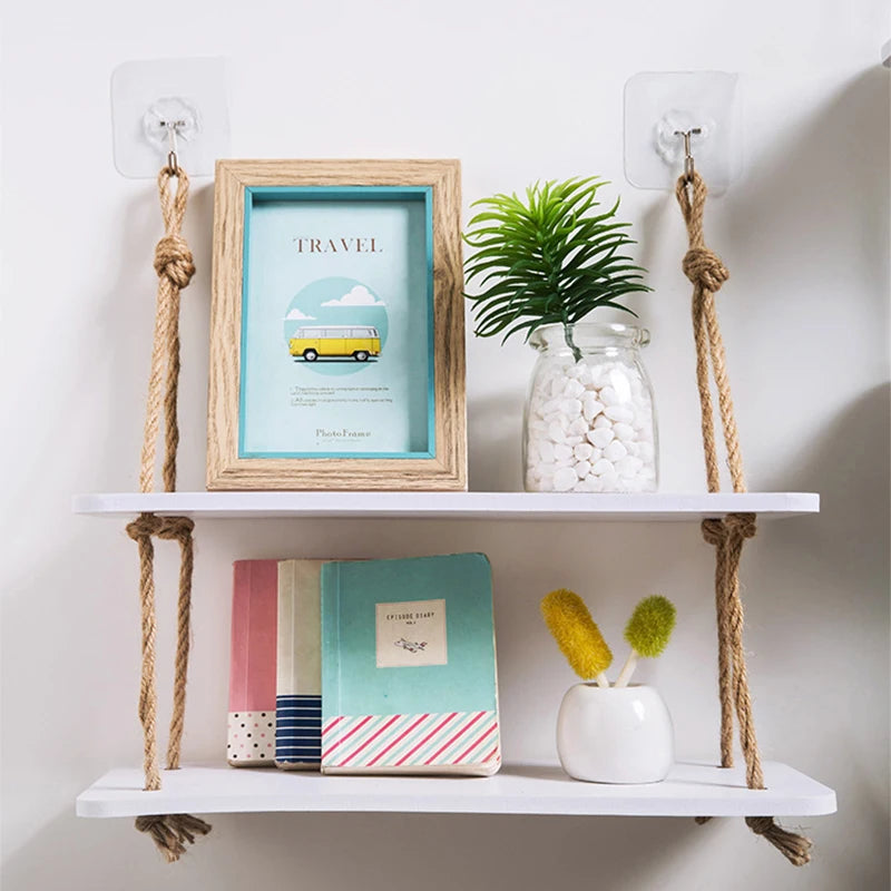 Wooden Rustic Floating Shelf - 2-Layer Natural Wall Display