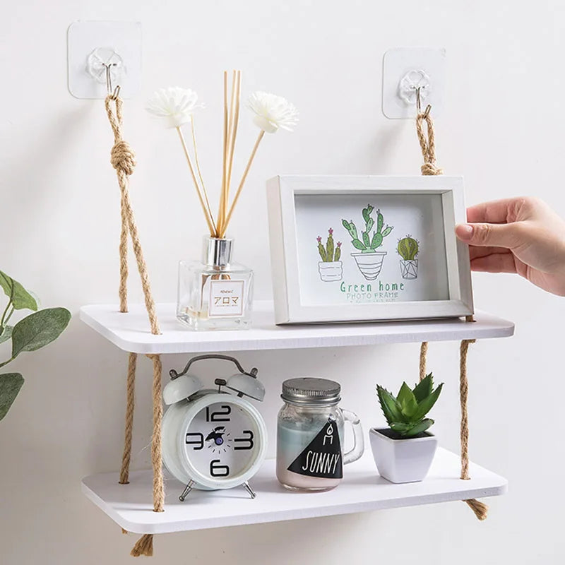 Wooden Rustic Floating Shelf - 2-Layer Natural Wall Display