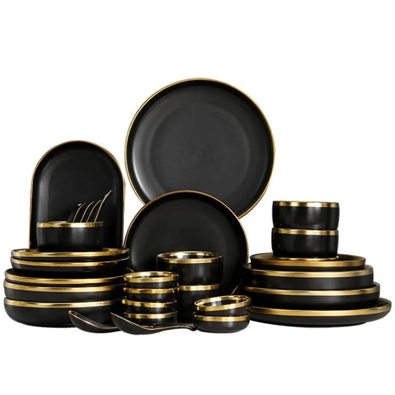 Gilt Rim Black Porcelain Dinner Set - Sophisticated Collection