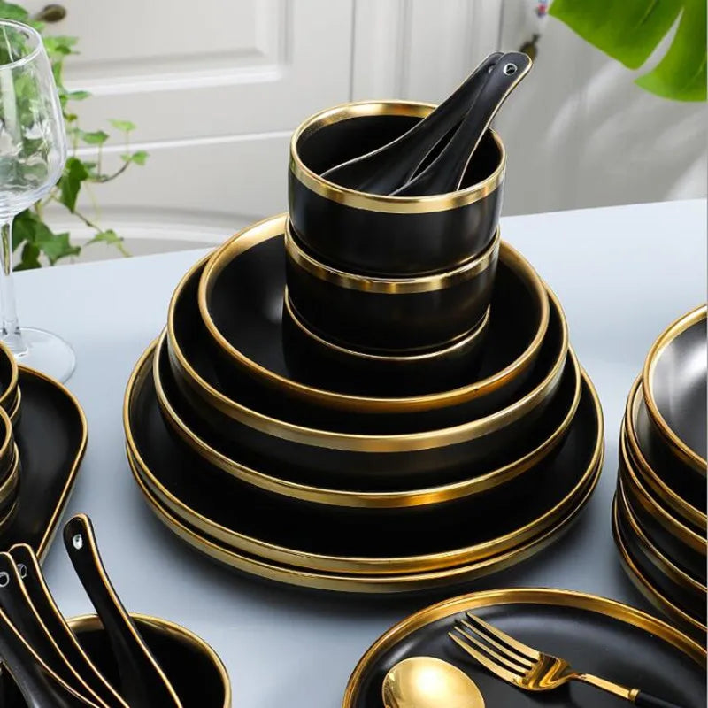 Gilt Rim Black Porcelain Dinner Set - Sophisticated Collection