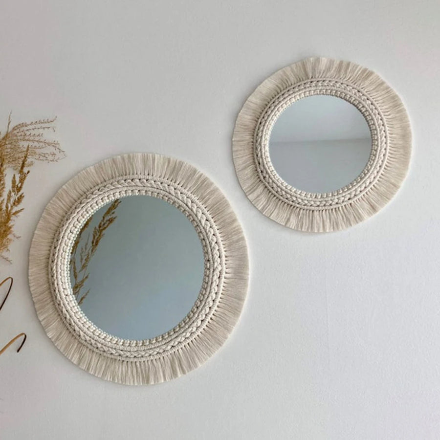 Hanging Wall Mirror with Macrame Fringe - Decorative Boho Round Mirror