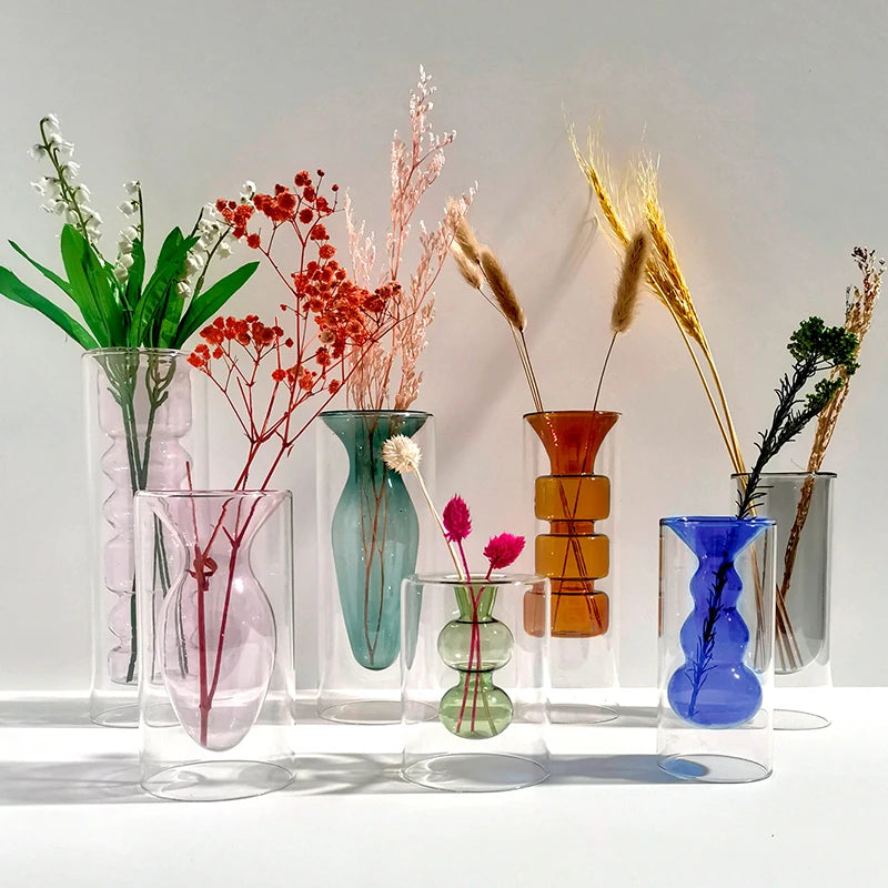 Double Layer Colored Glass Vase - Vibrant Crystal Design 15-25CM