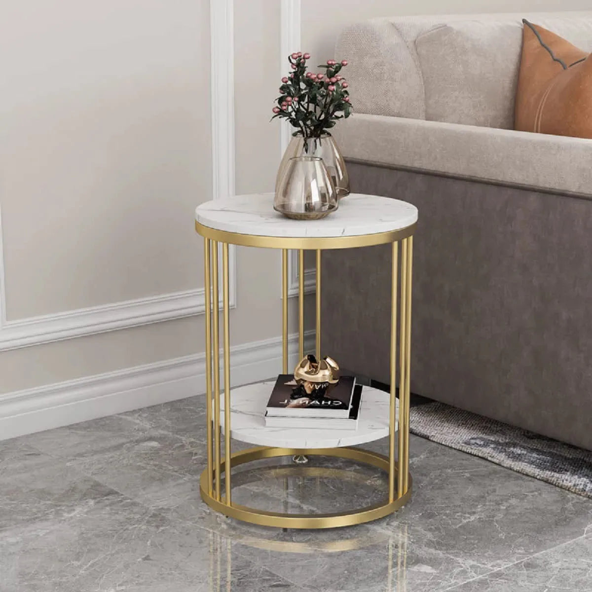 Round Marble Accent Coffee Table with Hidden Storage - 15.7"