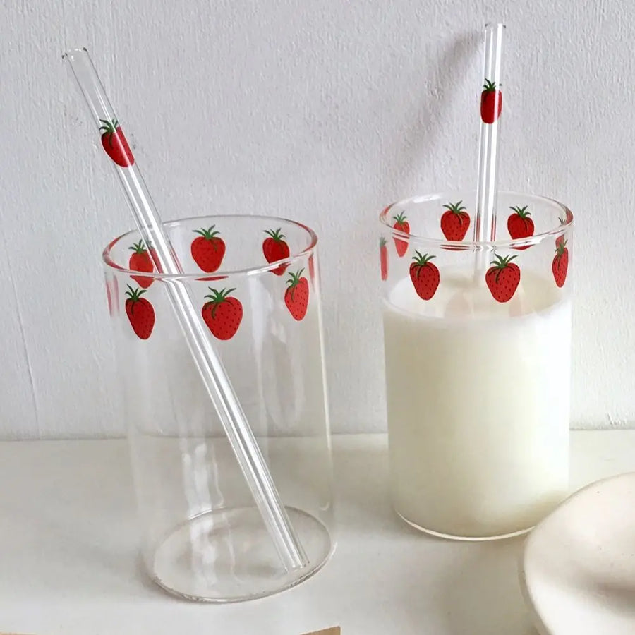 Strawberry Glass Cup with Straw - Cute Transparent Drinking Glass