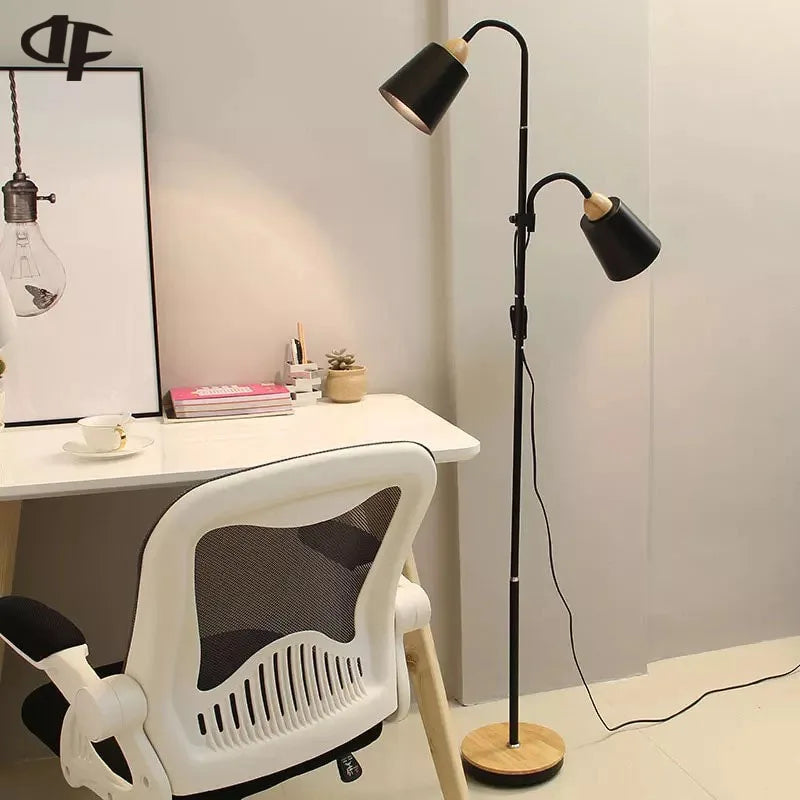 Adjustable Wooden Floor Lamp - Modern LED Reading Light with Dual Bulbs