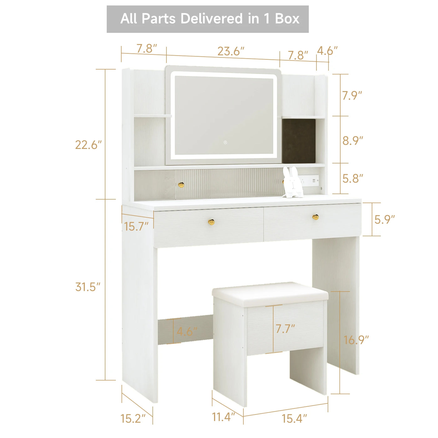 Modern Dressing Table with Mirror & Stool - 80x37x132CM Complete Set