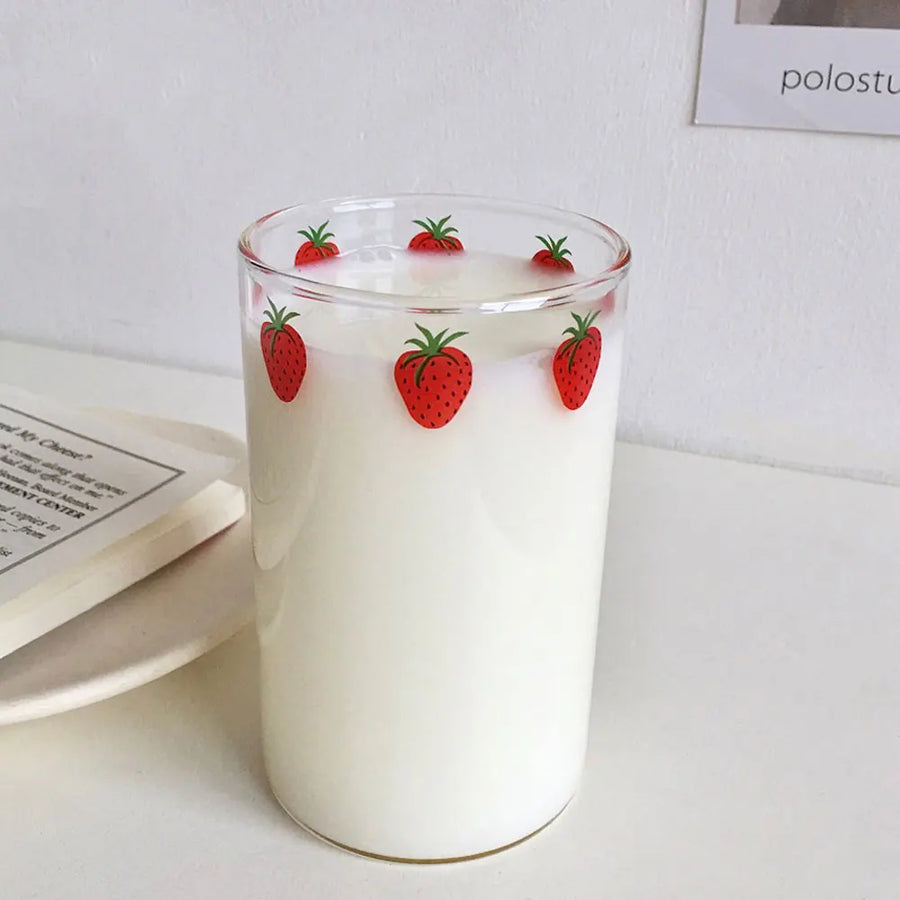Strawberry Glass Cup with Straw - Cute Transparent Drinking Glass