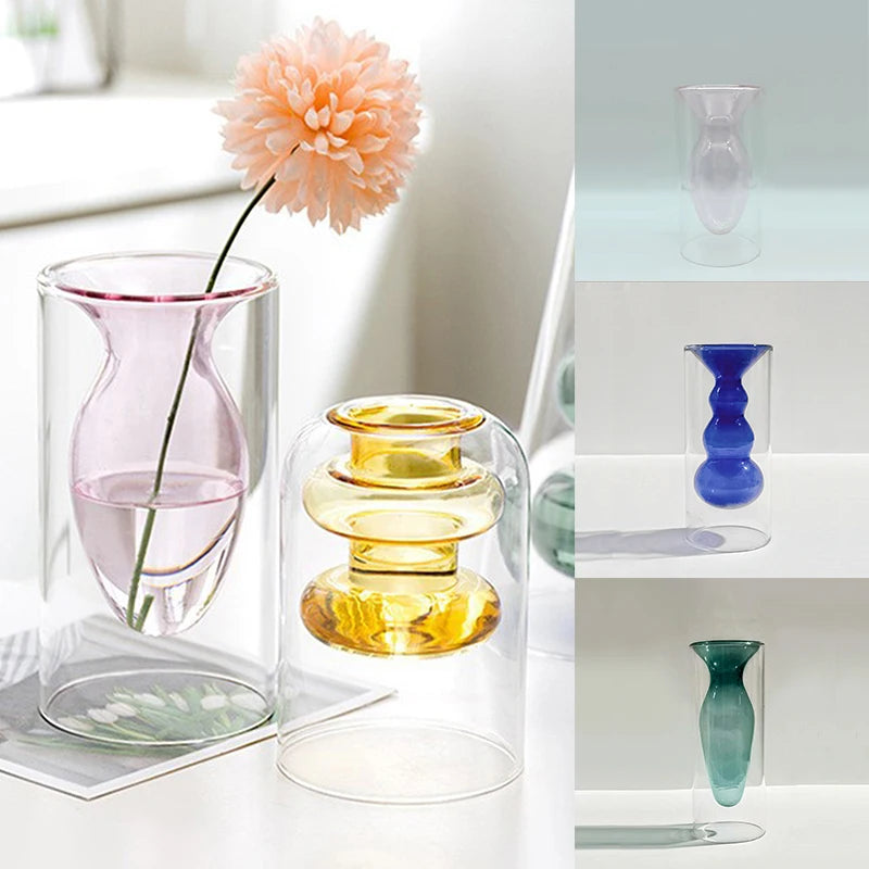 Double Layer Colored Glass Vase - Vibrant Crystal Design 15-25CM