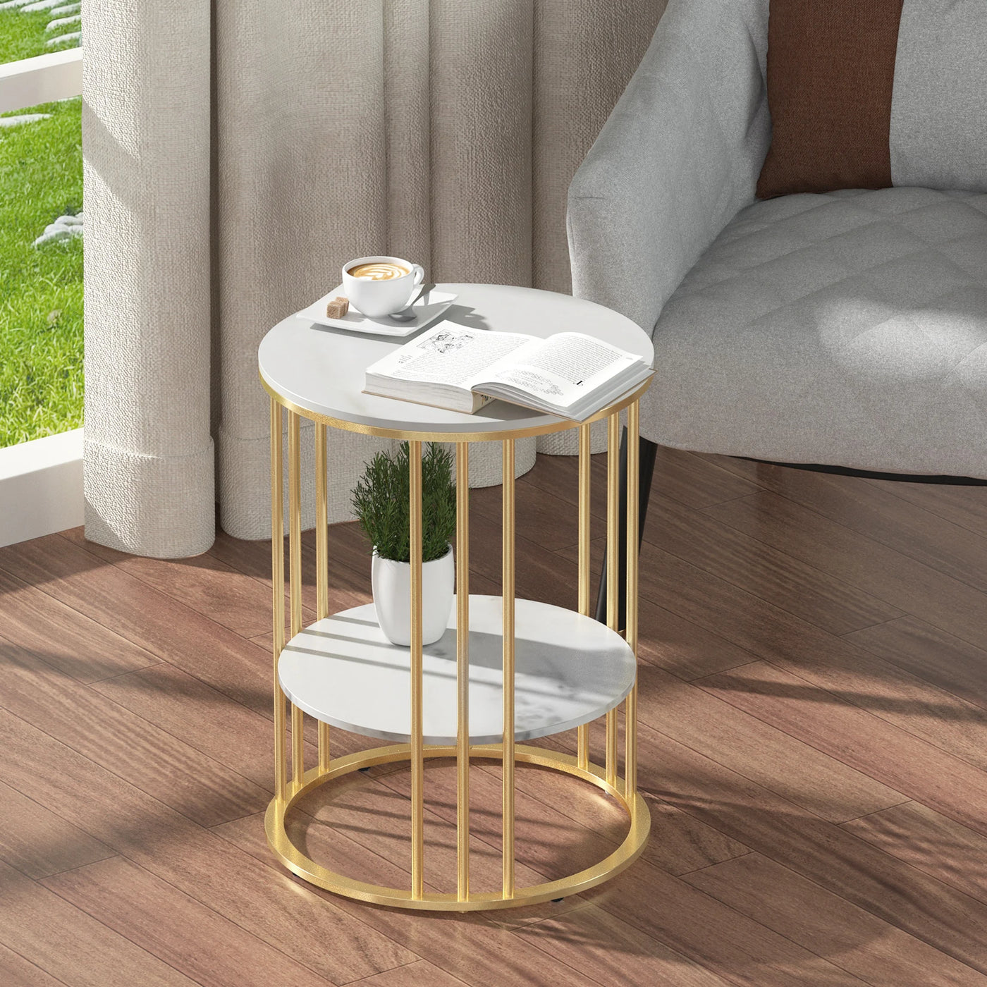 Round Marble Accent Coffee Table with Hidden Storage - 15.7"