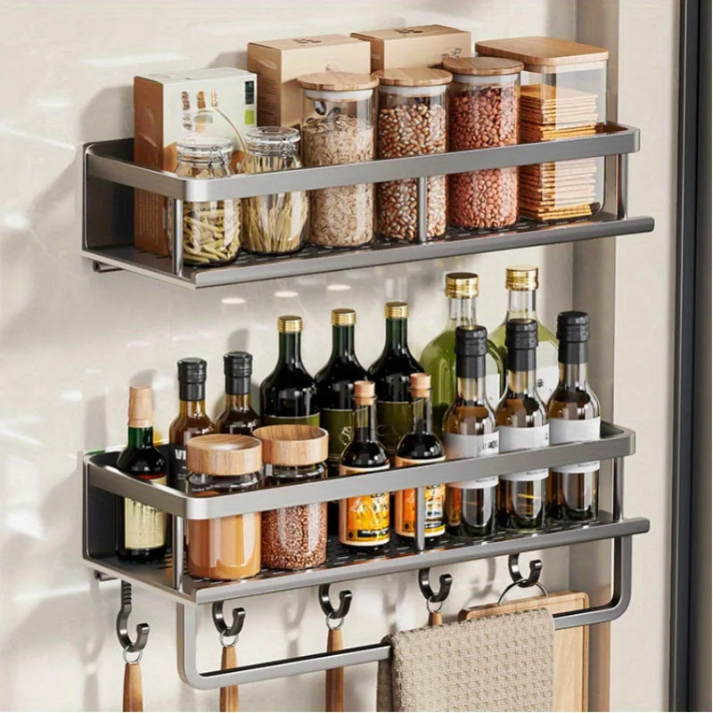 Black Wall-Mounted Kitchen Shelves - Aluminum Alloy Storage