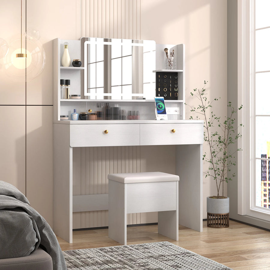 Modern Dressing Table with Mirror & Stool - 80x37x132CM Complete Set